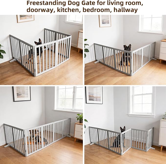 ZJSF Freestanding Indoor Dog Gate for House Foldable Wood Puppy Gate for Doorways Pet Gate for Stairs Extra Wide Pet Fence, Grey, 24" Height 6 Panels