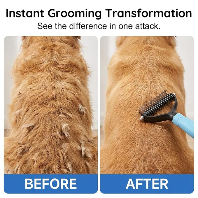 2-in-1 Dematting Comb for Dogs Cats, Double-Sided Undercoat Rake Deshedding Brush, Pet Pro Grooming Tool Removes Tangles Knots Fur, Gentle Grooming Brush for Long Haired Pets (1PC Pink)