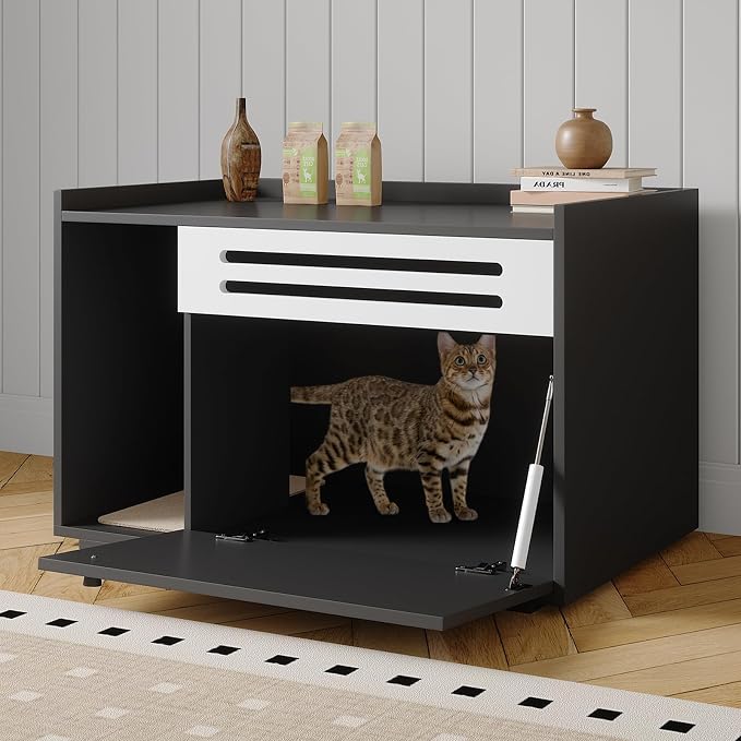 GarveeLife Cat Litter Box Enclosure Furniture Hidden Litter Box Cabinet Indoor Cat Washroom Pet House Dog Proof Hideaway Kitty Flip-down Opening Litter Box Enclosure - Black