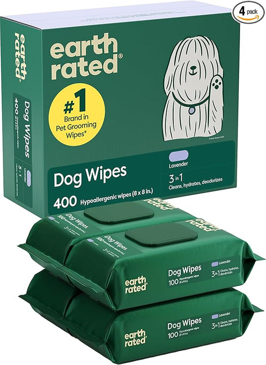 Earth Rated Dog Wipes, Hypoallergenic, Cleaning and Hydrating, for Grooming Paws, Body and Butt, Lavender Scented, 400 Count