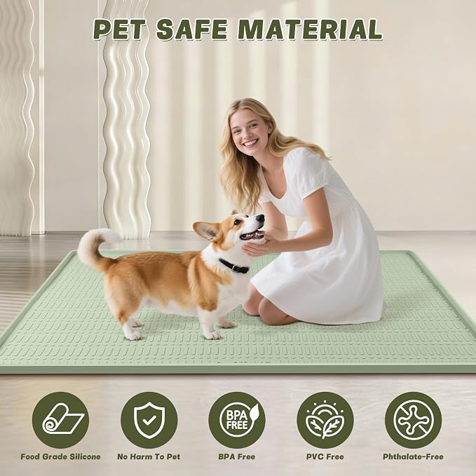 47" x 35" Silicone Dog Food Mat, Waterproof Pet Feeding Mat with Raised Edge, Extra Large Dog Bowl Mat Non-Slip Water Bowl Placemats for Dogs, Protects Floors, Easy to Clean (Light Green)