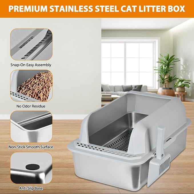 Homegroove Stainless Steel Sifting Litter Box for Pine Pellets, 23.6''x15.7''x14'' XXL Metal Cat Litter Box with Lid for Indoor Cats Pellet Sifter Litter Pan with Plastic Scoop &10 Urine Pads (8 Inch)