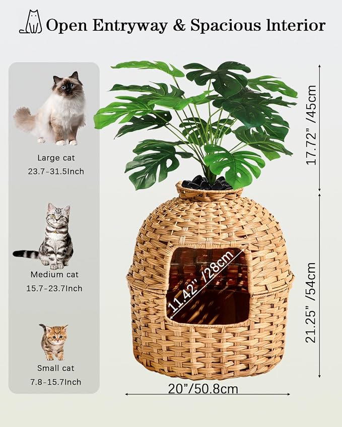 SETVSON Cat Litter Box Plant Furniture Enclosure, Hidden Handwoven Rattan with Cat Litter Box and Artificial Plants, Odor Control Filter, Real Stones in Living Room, Bedroom, Corner Natural