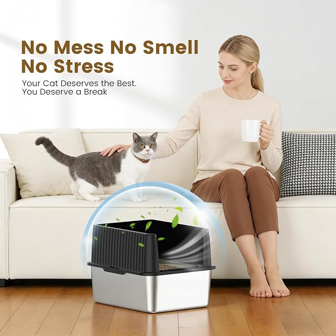 Stainless Steel Cat Litter Box, 11.8" High Sides for Litter Scatter & Urine Spray Control, Easy to Clean Non-Stick Litter Pan, Low Entry for Kittens, Small Cats, Compact Space-Saving Design