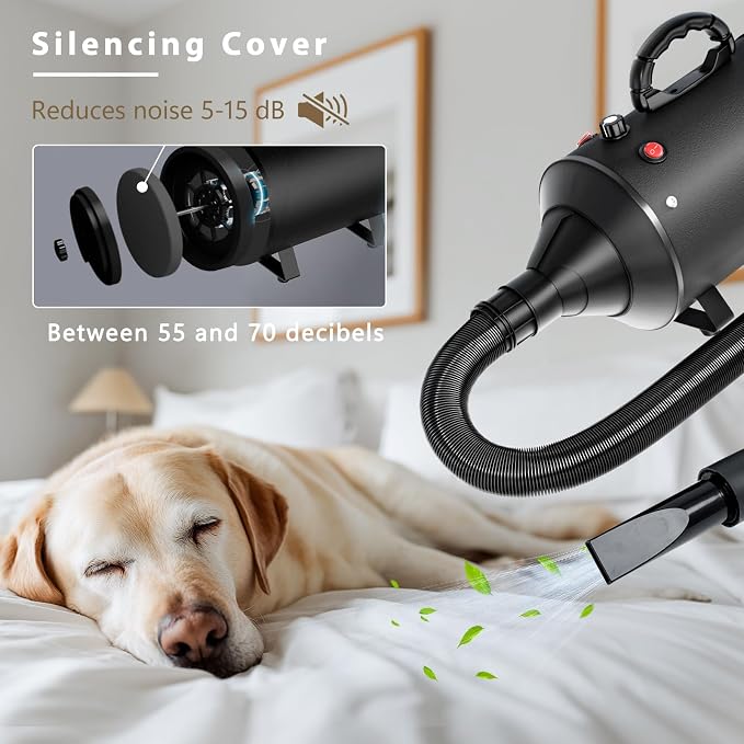 Dog Hair Dryer, 5.2HP/3800W High Velocity Dog Blower Grooming Dryer, Speed & Temperature Adjustable Pet Hair Dog Blow Dryer with Thickened Heat Resistant Handle, 4 Nozzles + 1 Massage Brush, Black