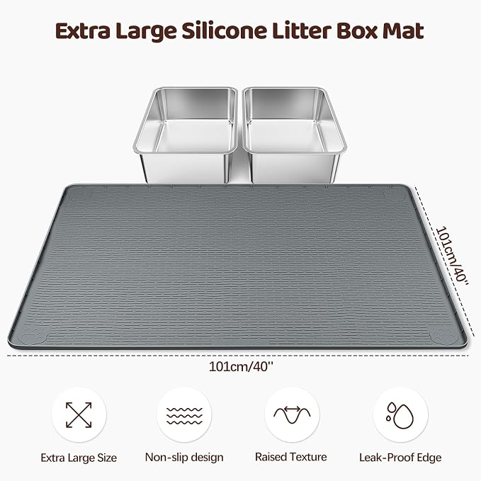 Cat Litter Mat, XL Extra Large 40" x 40" Silicone Mat Litter Trapping Mat for Scatter Control, Soft on Kitty Paws, Easy to Clean (Dark Grey)