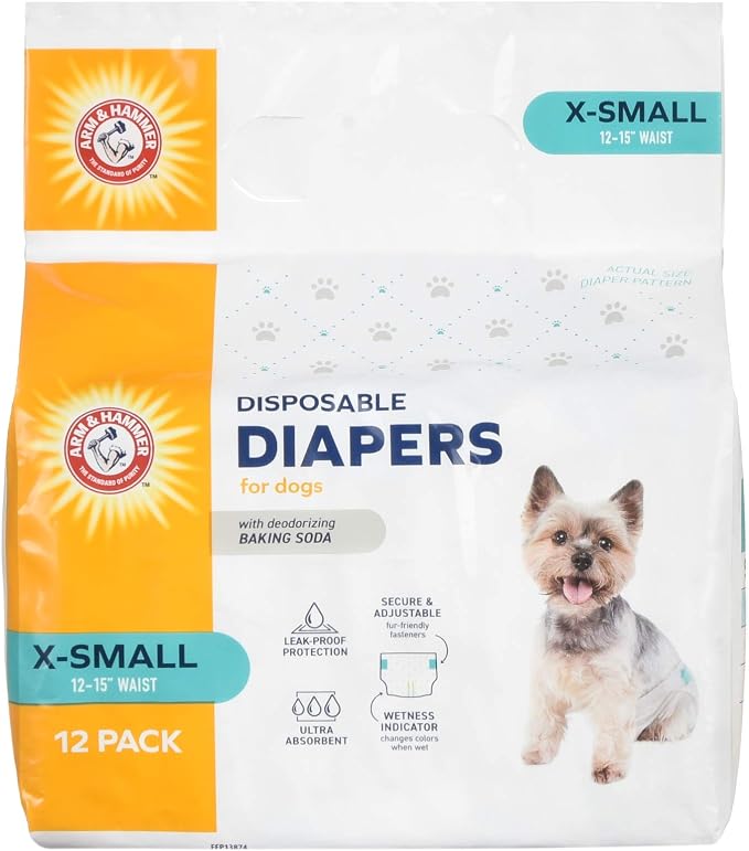 Arm & Hammer for Pets Disposable Female Dog Diapers with Odor Control and Wetness Indicator, Leak Resistant Dog Diapers for Incontinence and Heat Cycles, Size X-Small 12–15 in Waist, 12 Count