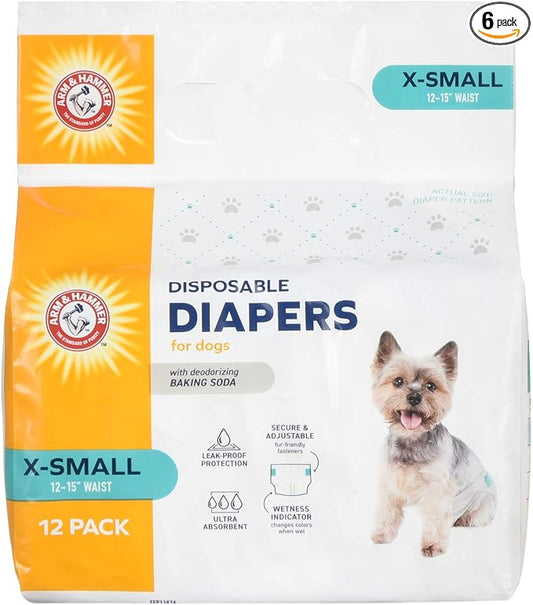 Arm & Hammer for Pets Disposable Female Dog Diapers with Odor Control and Wetness Indicator, Leak Resistant Dog Diapers for Incontinence and Heat Cycles, Size X-Small 12–15 in Waist, 12 Count - 6 Pack