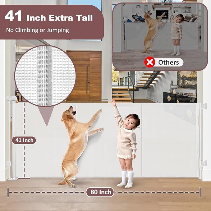 Reinforced 41 Inch Tall Retractable Dog Gate 80 Inch Extra Wide Baby Gate with Support Rods – Prevents Crawling Under, Indoor Retractable Baby Gates Outdoor Extra Tall Pet Gate, White