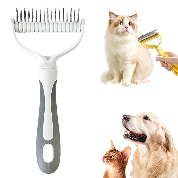 Double-Sided Pet Grooming Brush, 2026 Upgraded Undercoat Rake for Long Haired Pets, Multi-Functional Dematting Comb for Home Grooming, Pet Hair Removal Brush for Pets Owners (1, Gray)