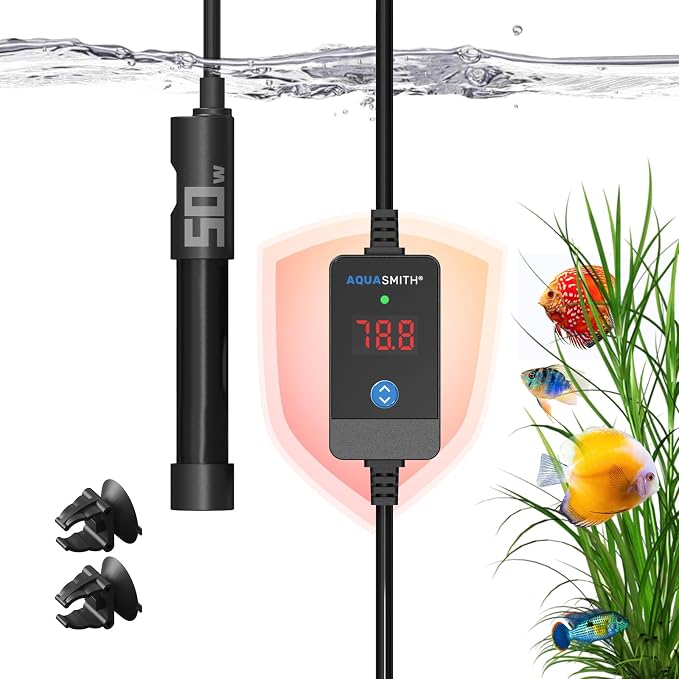 AQUASMITH Aquarium Heater,50w/100w/150w/200w/300w/500w Submersible Fish Tank Heater,External LED Controller, with Over-Temperature Protection and Automatic Power-Off When Leaving Water for.