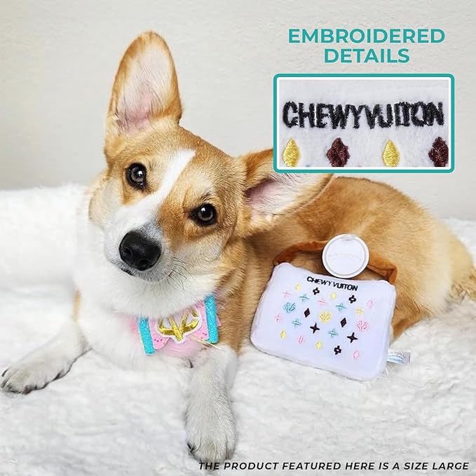 Haute Diggity Dog Chewy Vuiton Handbag Plush Squeaky Dog Toy, Soft Durable Designer-Inspired Stuffed Puppy Chew Toys for Small & Medium Dogs, Machine-Washable (White) Large