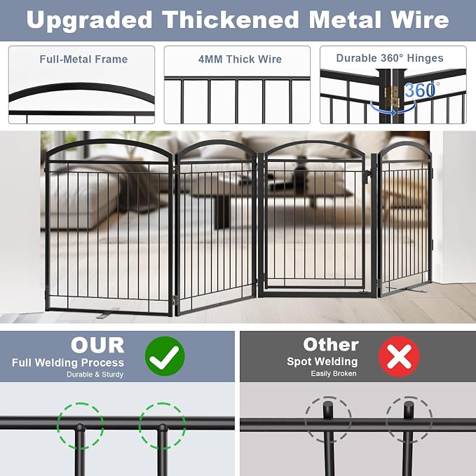 Full Metal Free Standing Dog Gate with Door for Outdoor Indoor,96'' Extra Wide 32'' Tall Dog Gate for The Doorways,Large Openings,Decks,Porch,Pet Freestanding Safety Fence(4 Panels,Black)
