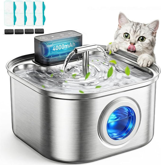 Cordless Cat Water Fountain Stainless Steel, 3.2L/108oz Wireless Pet Water Fountain, Battery Operated Rechargeable Automatic Cat Fountains for Drinking with Motion Sensor (4 Filter)