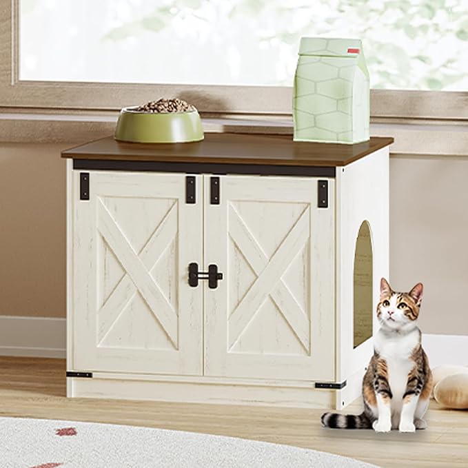 Hzuaneri Cat Litter Box Enclosure, Hidden Litter Box Furniture with Removable Dividers, Reversible Entrance Left or Right Side, Cat House, Rustic White and Brown CB84514X