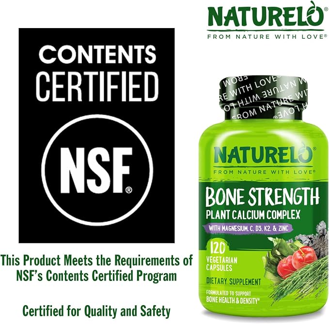 NATURELO Calcium Supplement - with Vitamin C, Vitamin D3, K2, and Calcium Magnesium Zinc for Bone Strength with Calcium 600mg - Plant-Based, 120 Vegetarian Capsules, Non-GMO, Soy & Gluten-Free