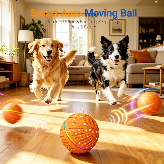 Interactive Dog Ball Toy for Small Medium Dogs – Automatic Rolling, Bouncing & Moving Dog Toy with LED Lights, 2-in-1 Fetch Toy, Durable E-TPU, USB Rechargeable (2.8” Orange)