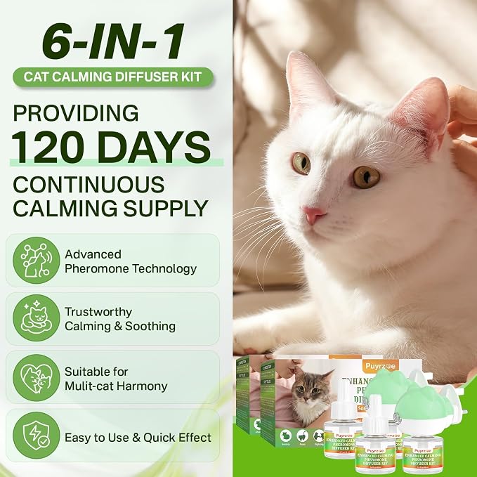 Cat 6-in-1 Calming Diffuser & Dog 6-in-1 Calming Diffuser Set – with Pheromones for Stress Relief, Anxiety Reduction, Includes 4 Diffusers + 8 Refills (for Cats & Dogs)