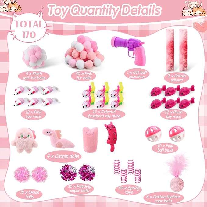 170 Pcs Cat Toy Pack for Indoor Cats Interactive Kitten Toys Including Cat Spring Plush Ball Launcher Catnip Mice Bell Balls Elastic Wool Balls for Indoor Cats Variety Pack