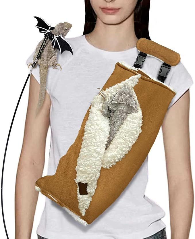 Adjustable Fluffy Bearded Dragon Sling Carrier Bag, Reptile Carrier with Leash Harness Lizard Cage Accessories for Small Animal, Ferrets, Squirrel, Hamsters,Parrot (Caramel)