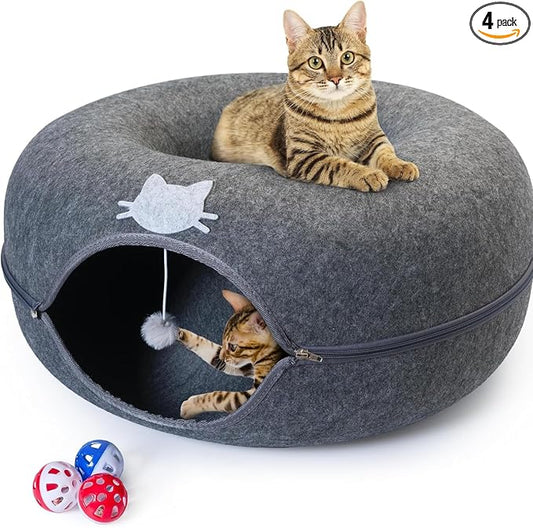 Meow Mansion Large Cat Cave Donut - Cat Tunnel; up to 30lbs - 3 Toy Balls & Hanging Ball Included - Scratch Resistant, Detachable and Cleanable Cat Donut Bed