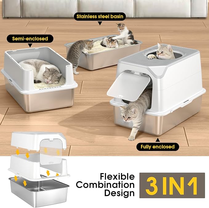 Enclosed Stainless Steel Litter Box, Large Metal Litter Box with Lid, Front & Top Entry, Odor Control & Dog Proof, Scratch-Resistant, Easy Clean (White)
