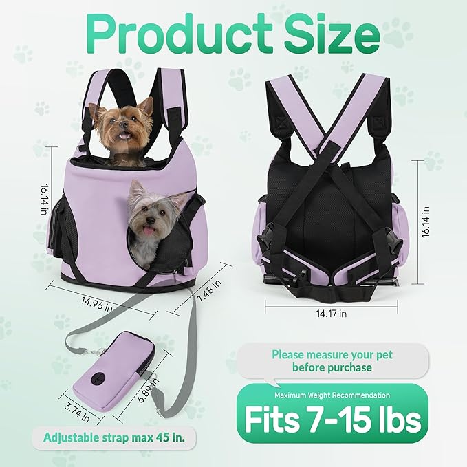 YUDODO Dog Front Backpack Carrier 7-15 lbs, Soft Breathable Pet Front Facing Carrier with Adjustable Straps, Multi-Pocket Design, for Small Dogs & Cats (with Detachable Sling Pouch - Purple)