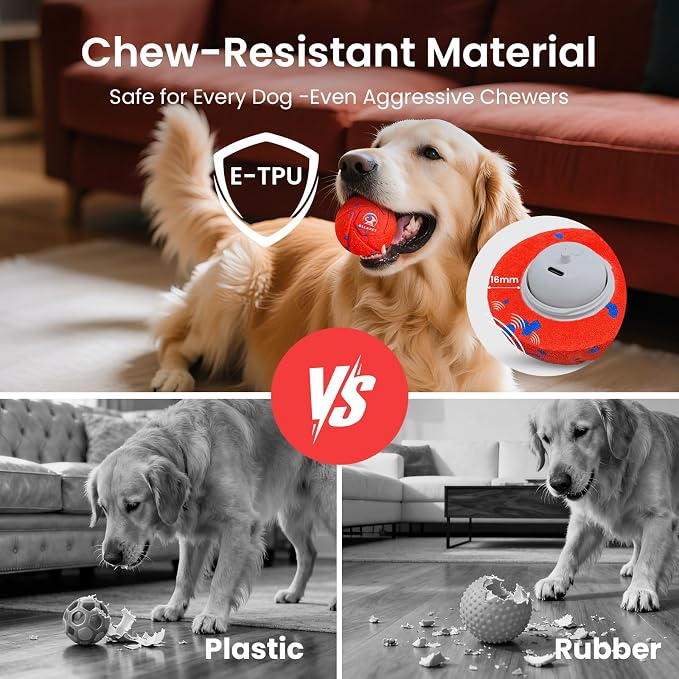 Smart Interactive Dog Toy Ball - Automatic Bouncing & Rolling, Chew-Resistant E-TPU Material, 3 Interactive Modes, IPX7 Waterproof, Smart Chase Pet Toy Ball for Medium and Large Dogs (Red)