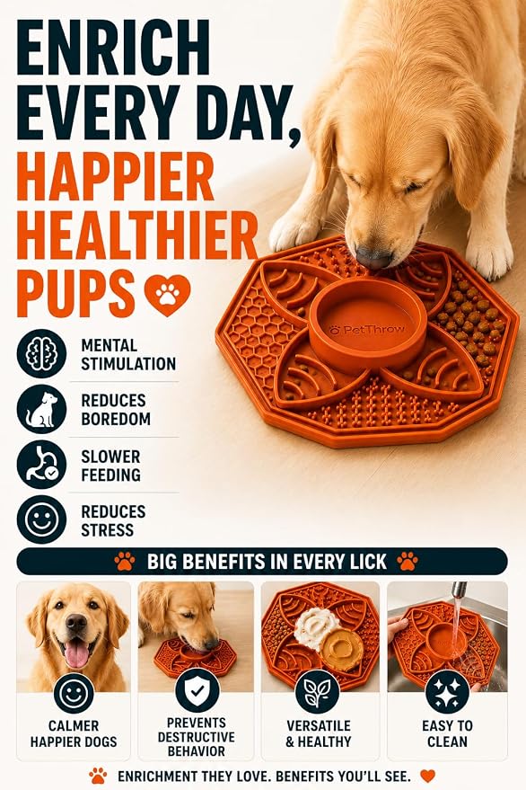 PetThrow Dog Lick Mat Bundle – Octagon Silicone Slow Feeder with Suction Cups, Multi-Texture Design for Anxiety Relief | Includes Spatula, Cleaning Brush & Recipe Card, Dishwasher Safe
