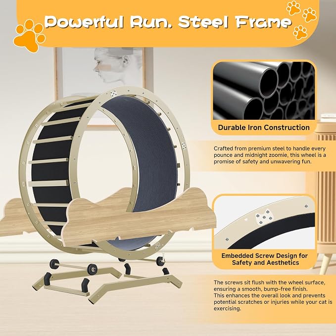 GTPLAYER Cat Wheels, Large Cat Exercise Wheel for Indoor Cats, 40" Diameter cat Treadmill Detachable Carpet & Teaser, Stickers, Ultra-Quiet Scroll Wheel with Latch, Metal, Woodgrain Ears-2 Style