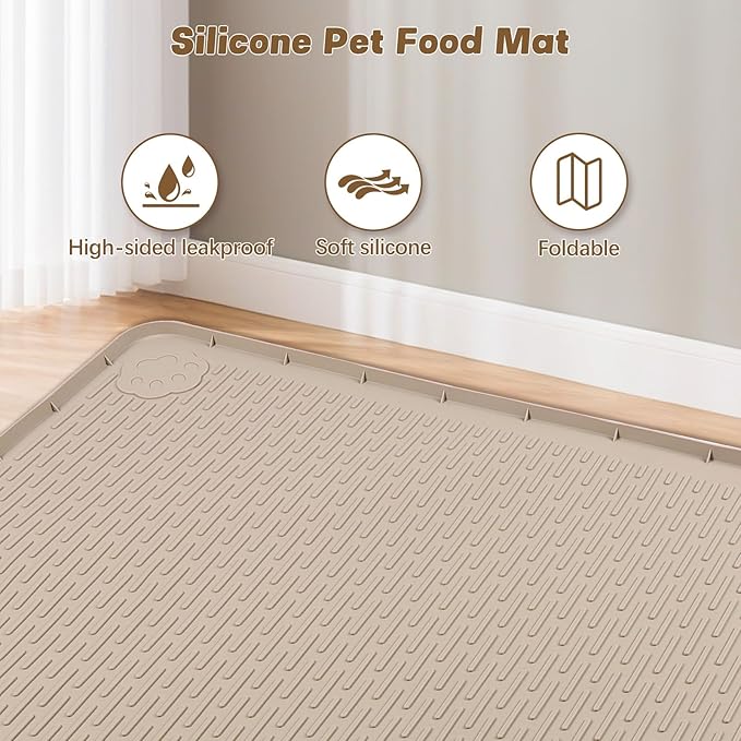 Cat Food Mat, 40" x 40" Extra Large Silicone Pet Feeding Mat with Raised Edge Pet Placemat for Food and Water Bowl Non-Slip, Easy to Clean, Floor Protection (Khaki)