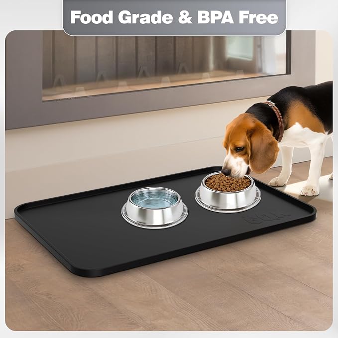 Silicone Dog & Cat Food Mat with Raised Edge, 24"x16" Extra Thick Waterproof Non-Slip Pet Feeding for Food and Water Bowls, Spill Proof Mat to Protect Floors, BPA Free Dishwasher-Safe,Black