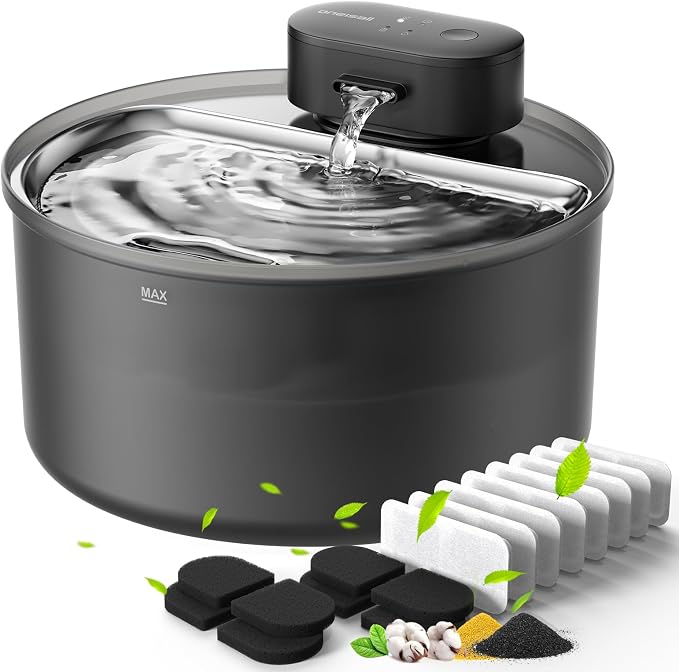 3.2L Cat Water Fountain with 9 Filters, 304 Stainless Steel Water Tray, Cordless Pet Water Fountains, Battery Operated for Cats Indoor, 20dB Ultra-Quiet