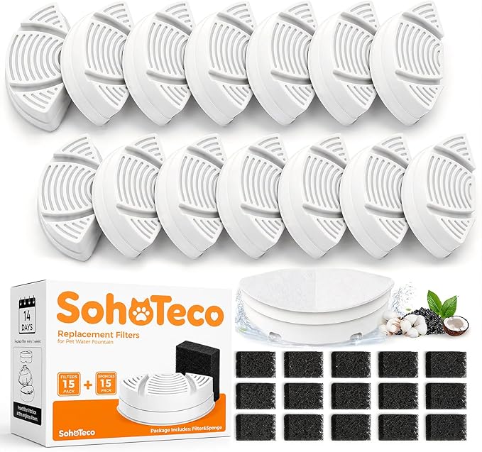 15 Pack Official Replacement Filters (6-Month Supply) for SohoTeco Stainless Steel Cat Water Fountain