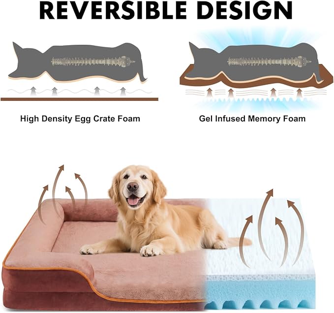 DUMOS Orthopedic Dog Beds for Large Sized Dogs, 35x25 Inch Machine Washable Cover Pet Bed, Anti-Slip Waterproof Memory Foam Couch Bed for Indoor Dogs and Cats, Brown