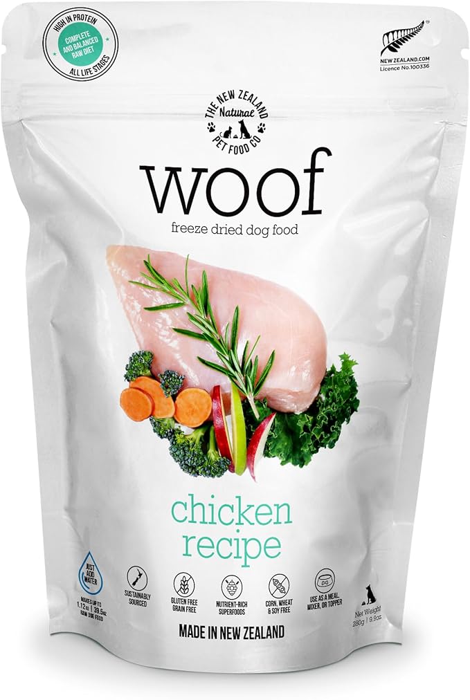 The New Zealand Natural Pet Food Co. WOOF Freeze Dried Dog Food - Chicken Recipe, High Protein Dog Treats & Snacks, Dog Food Toppers & Meals - 9.9 Ounce (Pack of 1)