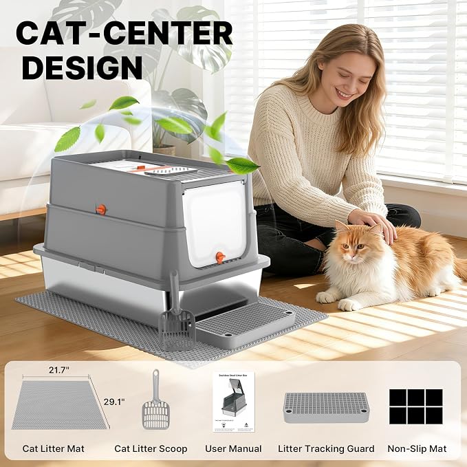 Stainless Steel Litter Box with Flip Lid, XL Extra Large Cat Litter Box with High Sided Top Entry Design, Anti-Leakage Enclosed Metal Litterbox for Big Cats, with Handle, Mat, Pedal & Scoop, Dark Grey