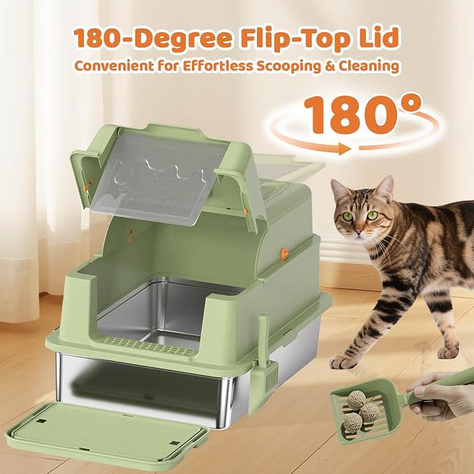 Homegroove XXXL Stainless Steel Litter Box with Lid, 28''x20''x18'' Extra Large Cat Litter Box with Litter Scoop & Pedal, Enclosed Metal Cat Litter Pan for Large & Multi-Cats, Anti-Leakage (Green)