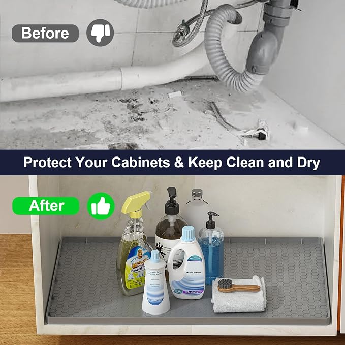 Under Sink Mats for Kitchen Waterproof - 22" x 19" Waterproof Kitchen Cabinet Mat - Flexible Silicone Under Sink Liner - Bathroom Cabinet Mat and Protector for Drips Leaks Spills (Gray)