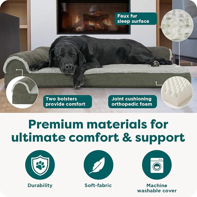 FurHaven Orthopedic Dog Bed for Large Dogs, L-Shaped Chaise Mattress with Orthopedic Egg Crate & Solid Orthopedic Foam Base for Joint Support, Washable Cover, Jumbo XL, Faux Fur & Suede, Dark Sage