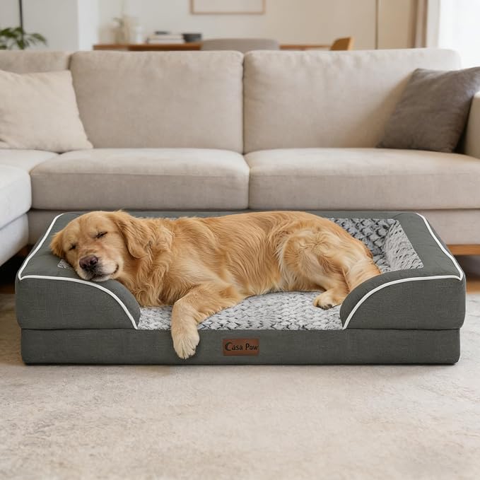 Orthopedic Dog Beds for Extra Large Sized Dogs 42x30 Inch, XL Waterproof Egg Crate Foam Dog Sofa Bed with Removable Washable Cover Big Pet Couch with Bolster & Non-Slip Bottom, Dark Grey