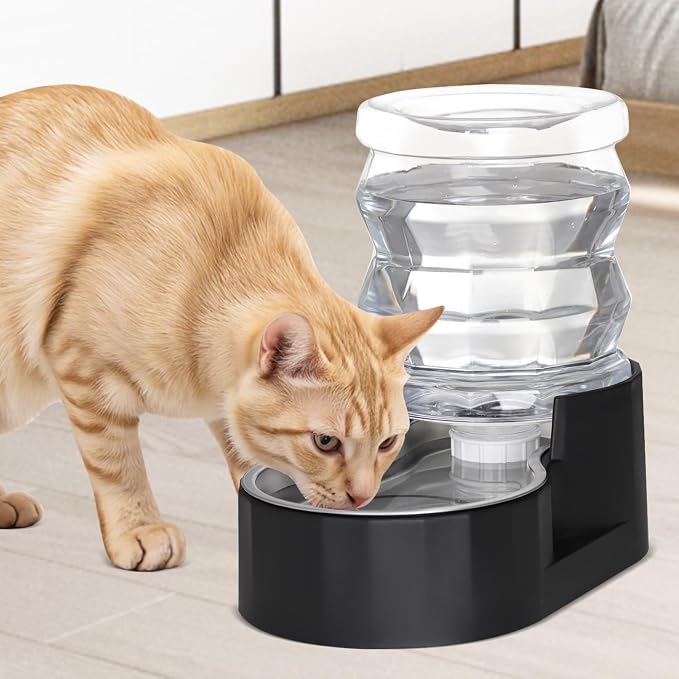 RIZZARI 4L Filter-Free Black Gravity Pet Water Dispenser for Cats and Small Dogs, Spill-Resistant Stainless Steel Water Bowl for Modern Apartments, Gaming Rooms, and Low-Mess Indoor Spaces
