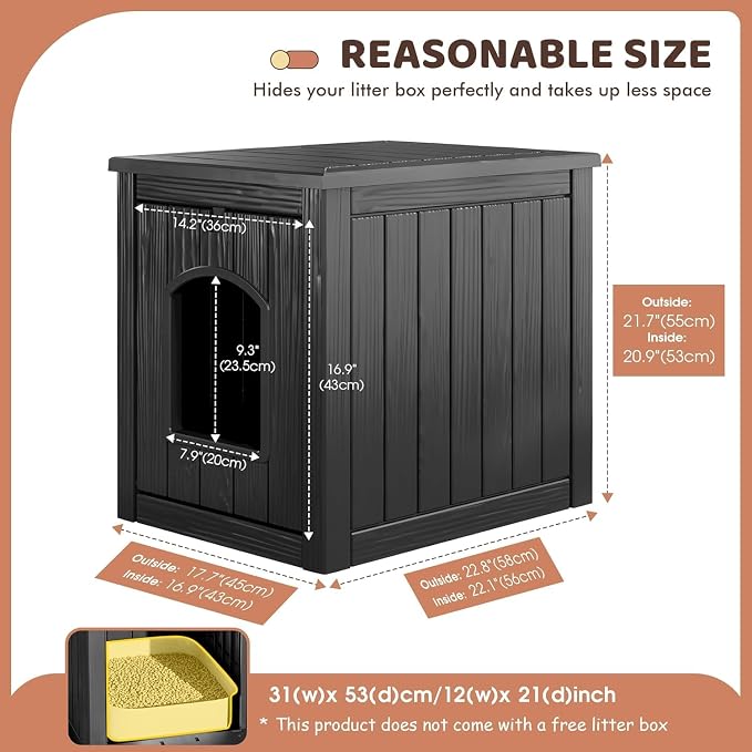 NUNU LAB Hidden Cat Litter Box Enclosure Furniture, Weatherproof Litter Box Side Table with Openable Front Door, Odor-Free & Easy Clean Cat House Cabinet for Indoor Bedroom & Outdoor Patio, Black