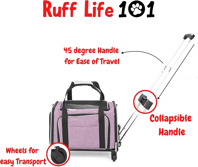 RUFF LIFE 101 Airline Approved Expandable Premium Pet Carrier on Wheels- Two Sided Rolling Carrier- Designed for Dogs & Cats- Extra Spacious Soft Lined Carrier! - Pink (RL-PET-CARRIER-WHEELS)