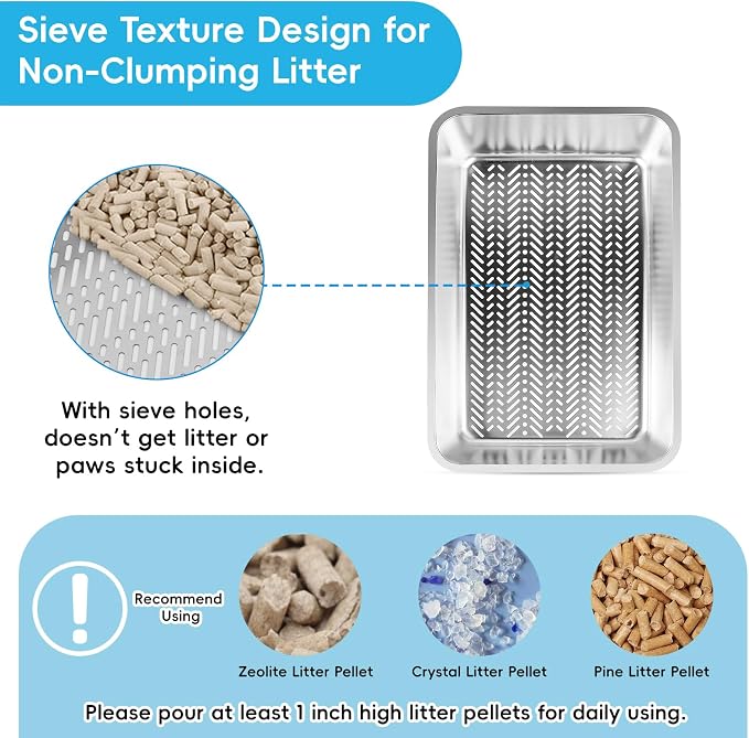 Stainless Steel Sifting Litter Box, 23.6" L x 15.7" W x 8" H Semi-Enclosed Metal Cat Litter Box with Sifting Pan, Scoop for Big Cat Easy Cleaning