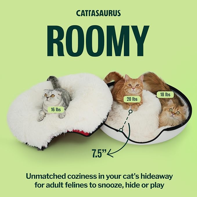 Cattasaurus Peekaboo Cat Cave for Multiple & Large Cats Up to 30-45 Lbs, Fluffy Cat Beds & Furniture, Scratch Detachable & Washable Tunnel Bed, Comfy Donut Bed (Ruby Snowball, Large (Calming))