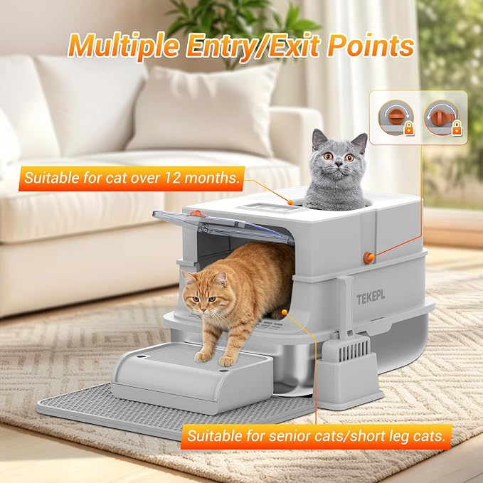 Stainless Steel Litter Box with Lid,Top Entry Litter Box, Extra Large Cat Litter Box,High Sided, Anti-Urine Leakage, Non-Stick Bottom Comes with Litter Mat & Metal Scoop,Grey