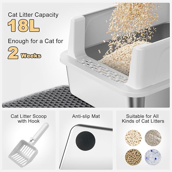 FURTIME Stainless Steel Cat Litter Box, Easy-Clean High-Sided Metal Litter Box, Open-Top Litter Pan for Small Cats, Includes Scoop & Mat, Non-Stick, Anti-Leakage, 17"×13"×8.4"