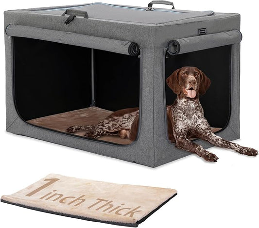 PETSFIT Portable Dog Crate for Large Dogs, – 40" Soft Dog Travel Crates with Lockable Zippers & Thicken Mat, Adjustable Patented Spiral Steel Frame, Collapsible Kennel for Indoor & Outdoor