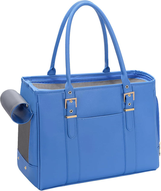 Fashion Pet Carrier Dog Purse Cat Bag Soft-Sided Carriers Travel Airline Approved, Stylish Leather Tote Handbag for Small Animal Puppy Kitten (Blue)